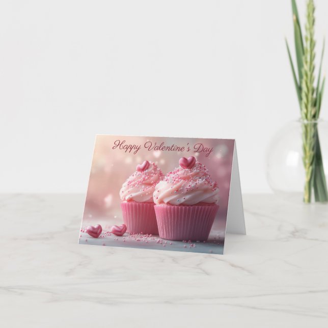 Cute Cupcakes with Hearts Valentine's Greeting Card (Front)