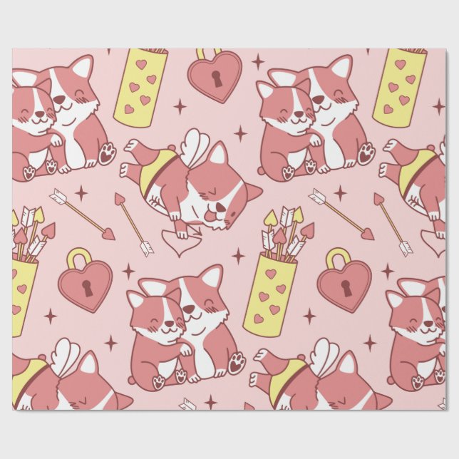 Cute Cupid Corgis Wrapping Paper (Flat)