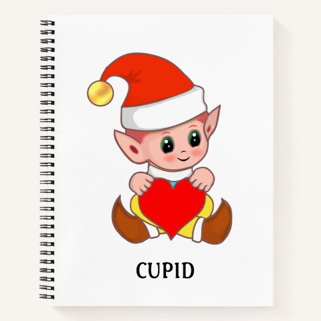 Cute cupid elf with love heart on white notebook (Front)