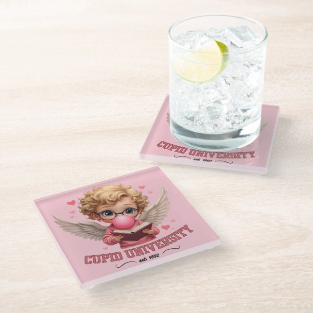 Cute Cupid University Bubblegum Angel Aesthetic Glass Coaster (Angled)