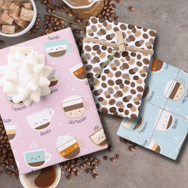 Cute cups of coffee and beans pastel colours wrapping paper sheet (Creator Uploaded)