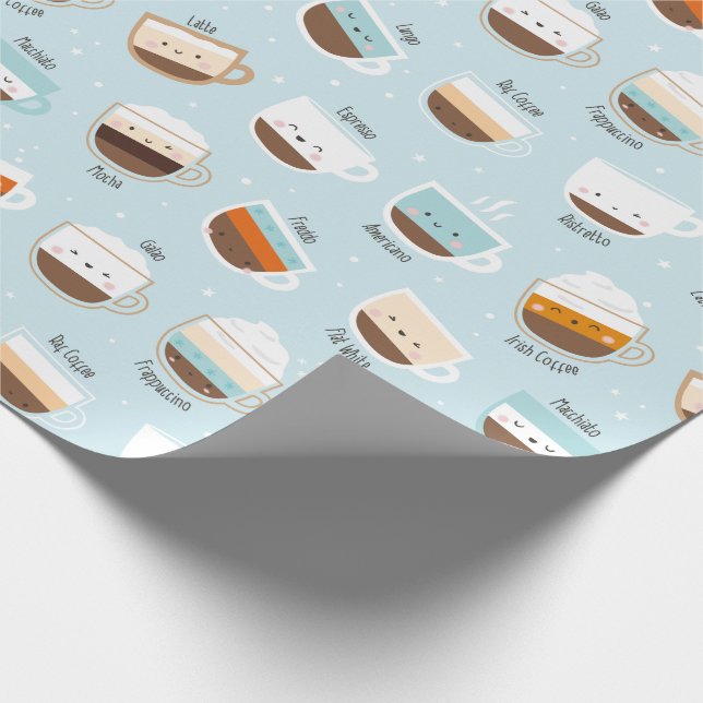 Cute cups of coffee on light blue wrapping paper (Corner)