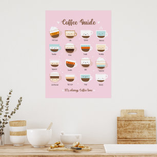 Cute cups of coffee on light pink poster