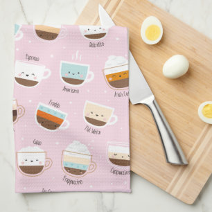 Cute cups of coffee on light pink tea towel