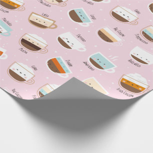 Cute cups of coffee on light pink wrapping paper