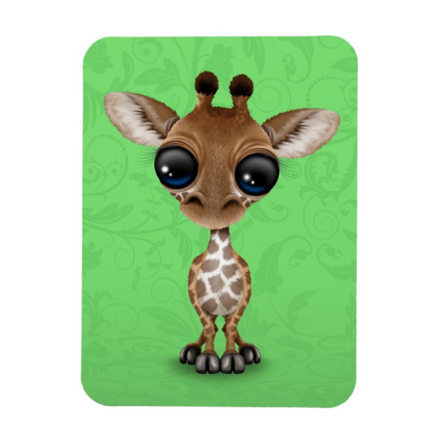 Cute Curious Baby Giraffe on Green Magnet (Vertical)