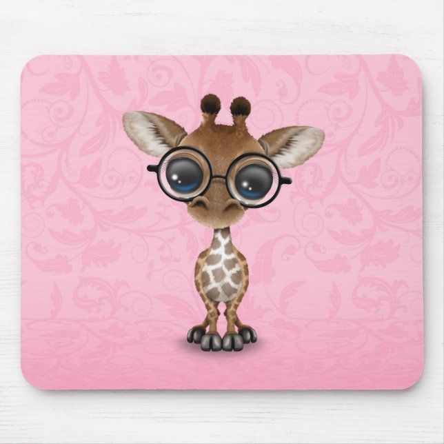 Cute Curious Baby Giraffe Wearing Glasses on Pink Mouse Mat (Front)