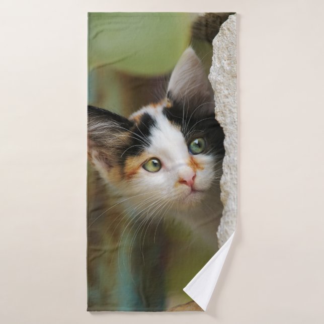 Cute Curious Cat Kitten Prying Eyes Head Photo Pet Bath Towel Set (Bath Towel)