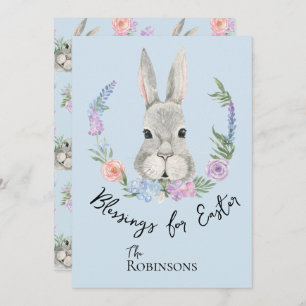 Cute Curious Easter Rabbit with Floral Wreath