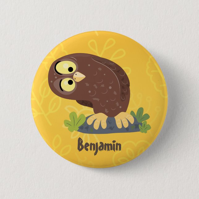 Cute curious funny brown owl cartoon illustration 6 cm round badge (Front)