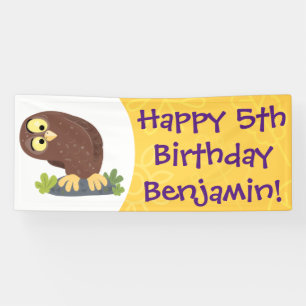 Cute curious funny brown owl cartoon illustration banner