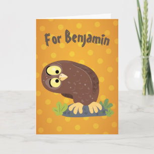 Cute curious funny brown owl cartoon illustration card