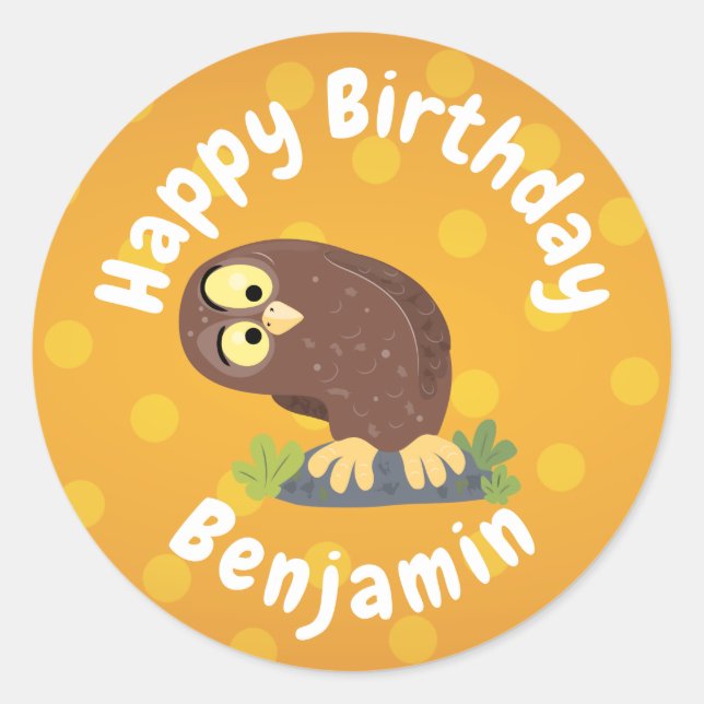 Cute curious funny brown owl cartoon illustration classic round sticker (Front)