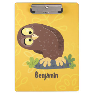 Cute curious funny brown owl cartoon illustration clipboard
