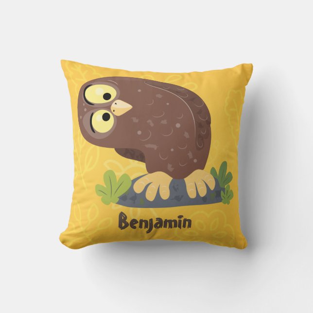 Cute curious funny brown owl cartoon illustration cushion (Front)