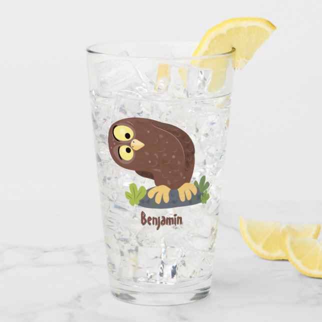Cute curious funny brown owl cartoon illustration glass (Back Ice)