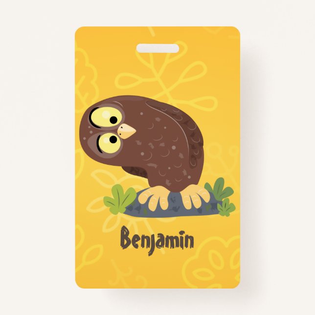 Cute curious funny brown owl cartoon illustration ID badge (Front)