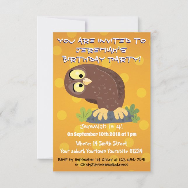 Cute curious funny brown owl cartoon illustration invitation (Front)