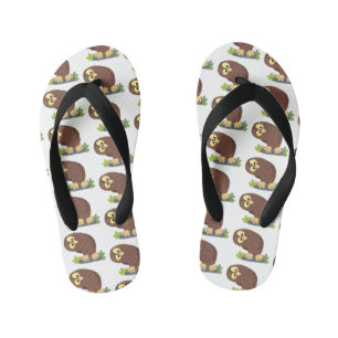 Cute curious funny brown owl cartoon illustration kid's flip flops