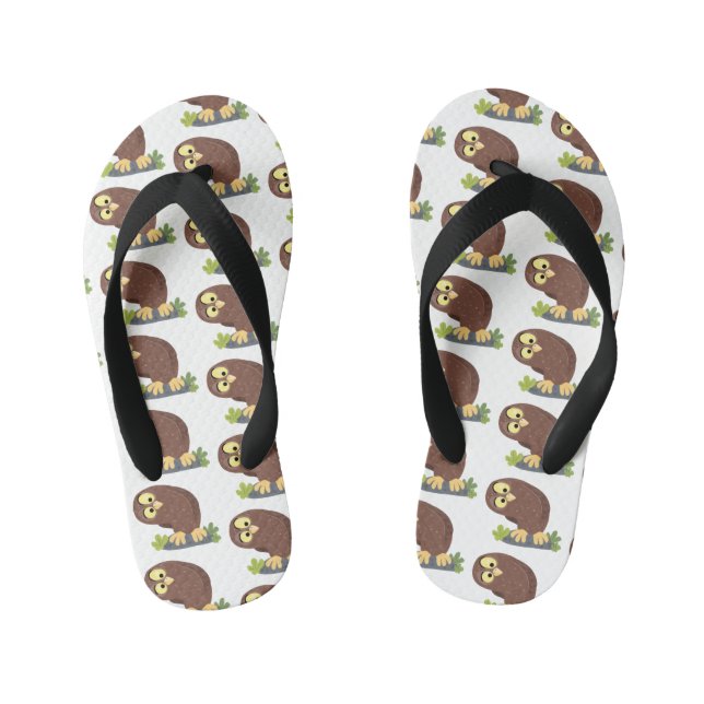 Cute curious funny brown owl cartoon illustration kid's flip flops (Footbed)