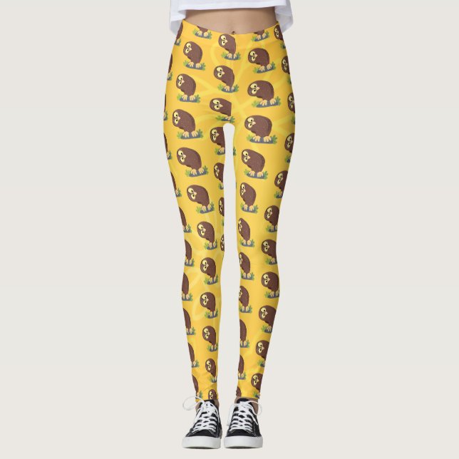 Cute curious funny brown owl cartoon illustration leggings (Front)