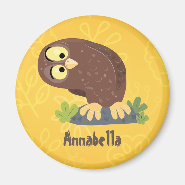 Cute curious funny brown owl cartoon illustration magnet (Front)