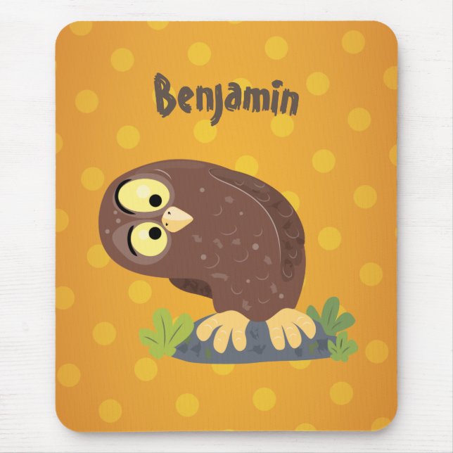 Cute curious funny brown owl cartoon illustration mouse mat (Front)