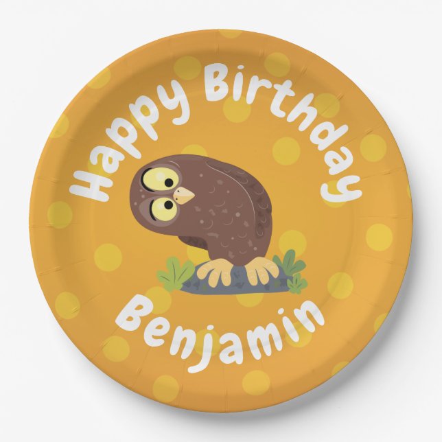 Cute curious funny brown owl cartoon illustration paper plate (Front)