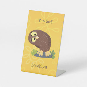 Cute curious funny brown owl cartoon illustration pedestal sign