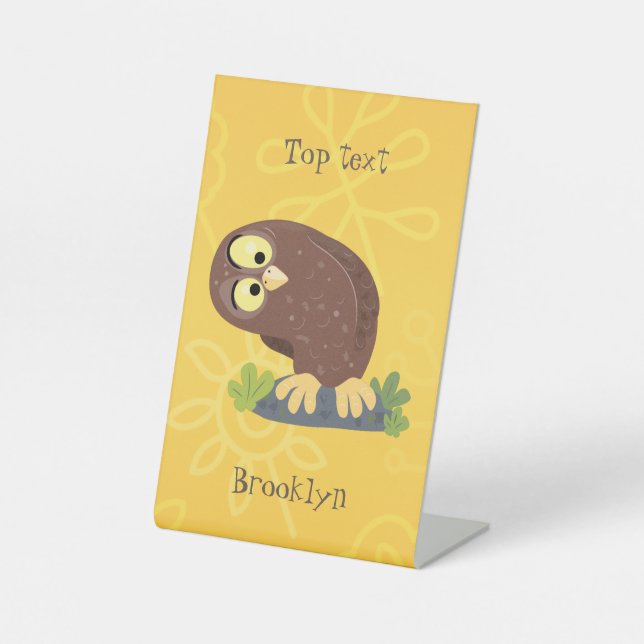 Cute curious funny brown owl cartoon illustration pedestal sign (Front)