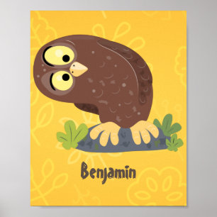 Cute curious funny brown owl cartoon illustration poster