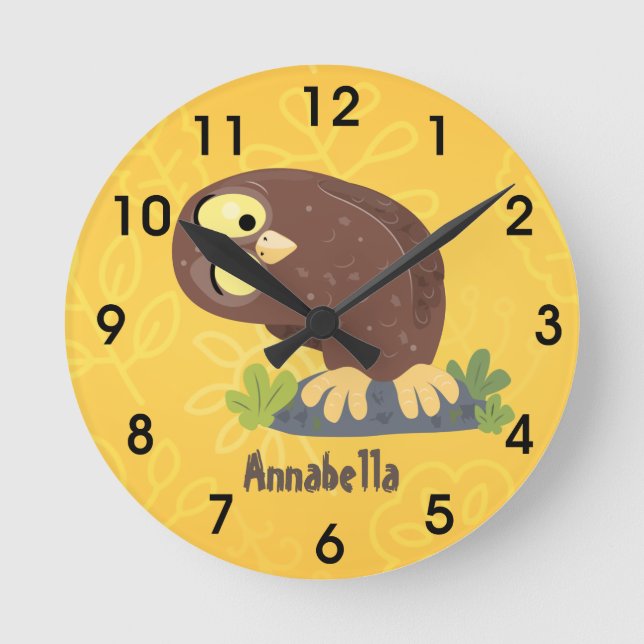Cute curious funny brown owl cartoon illustration round clock (Front)