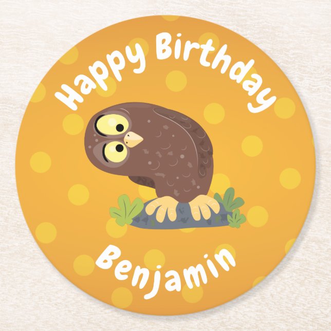 Cute curious funny brown owl cartoon illustration round paper coaster (Front)