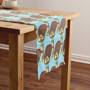 Cute curious funny brown owl cartoon illustration short table runner