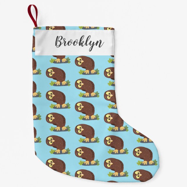 Cute curious funny brown owl cartoon illustration small christmas stocking (Front)