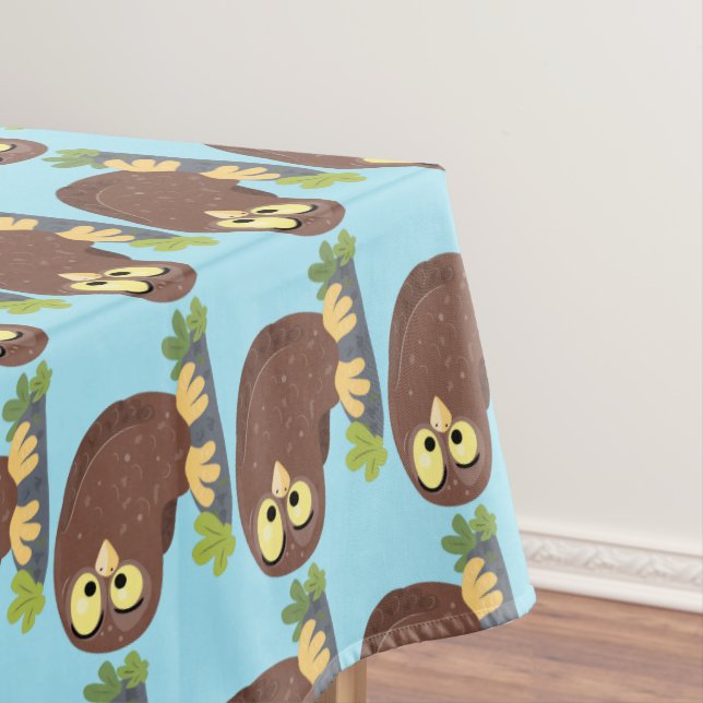 Cute curious funny brown owl cartoon illustration tablecloth (In Situ)