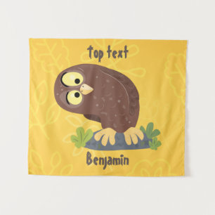 Cute curious funny brown owl cartoon illustration  tapestry