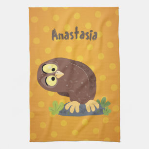 Cute curious funny brown owl cartoon illustration tea towel