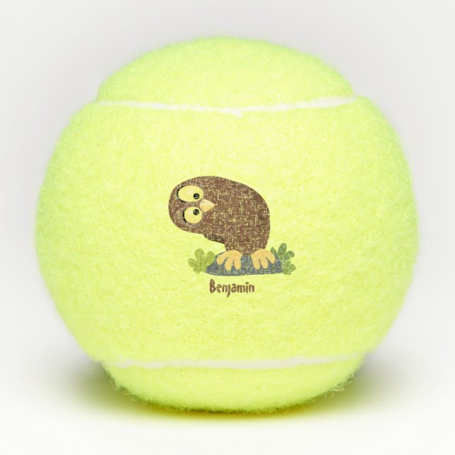 Cute curious funny brown owl cartoon illustration tennis balls (Front)