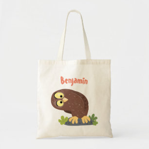 Cute curious funny brown owl cartoon illustration tote bag