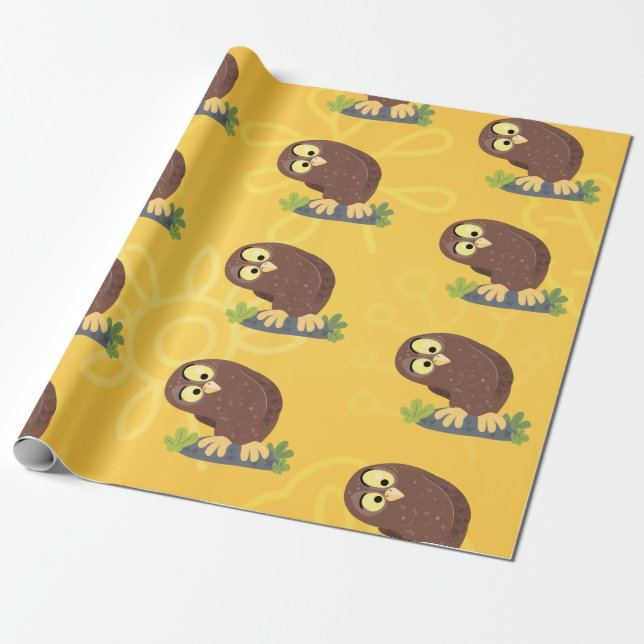 Cute curious funny brown owl cartoon illustration wrapping paper (Unrolled)