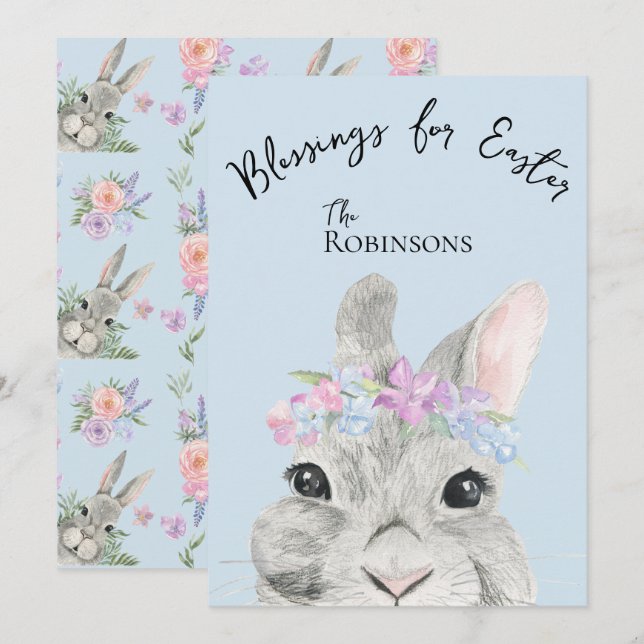 Cute Curious Grey Rabbit Pink Floral Crown Easter (Front/Back)