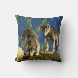 Cute Curious Grey Wolf Pups Cushion