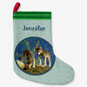 Cute Curious Grey Wolf Pups Small Christmas Stocking