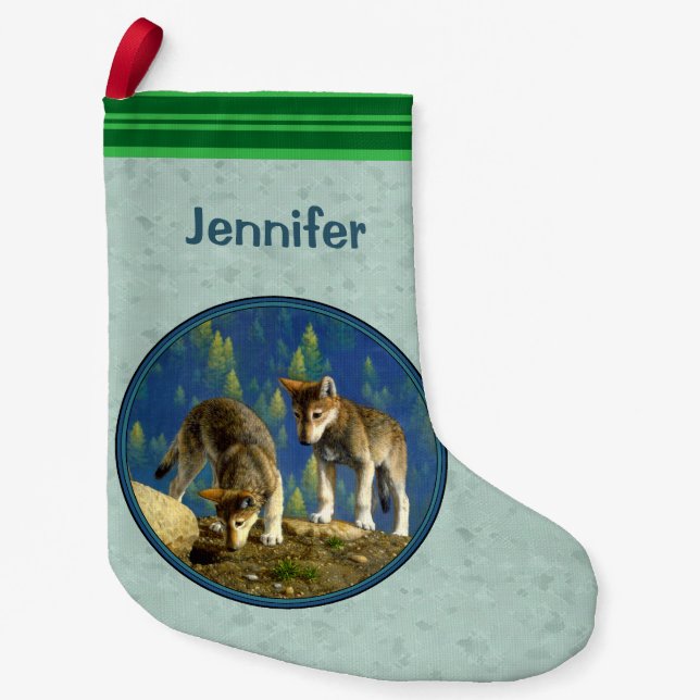 Cute Curious Grey Wolf Pups Small Christmas Stocking (Front)