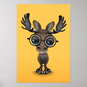 Cute Curious Moose Nerd Wearing Glasses on Yellow Poster