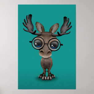 Cute Curious Moose Nerd Wearing Glasses Turquoise Poster