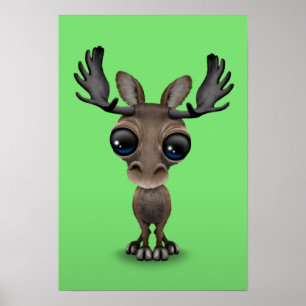 Cute Curious Moose with Big Eyes on Green Poster
