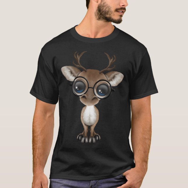 Cute Curious Nerdy Reindeer Wearing Glasses On Yel T-Shirt (Front)