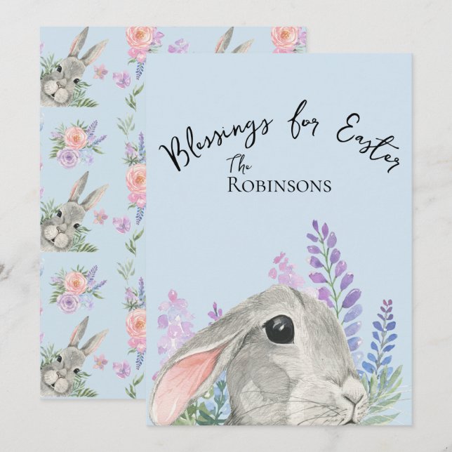 Cute Curious Rabbit Pink Lilac Flowers Blue (Front/Back)